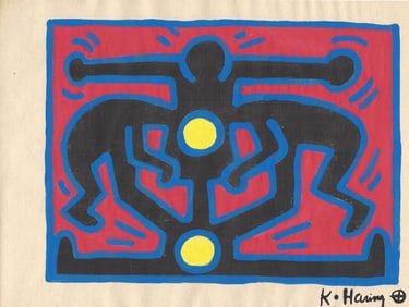 Signed Keith Haring Mixed Media on Paper. On verso
