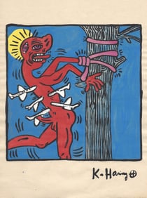 Signed Keith Haring Mixed Media on Paper. On verso