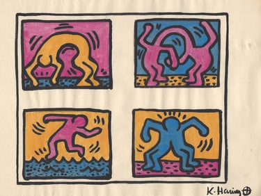 Signed Keith Haring Mixed Media on Paper. On verso