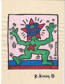 Signed Keith Haring Mixed Media on Paper Pop Art