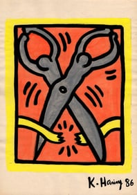 Signed Keith Haring Mixed Media on Paper.Stamped On verso