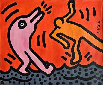 Signed K. Haring, Vintage Abstract Canvas, Modern Art