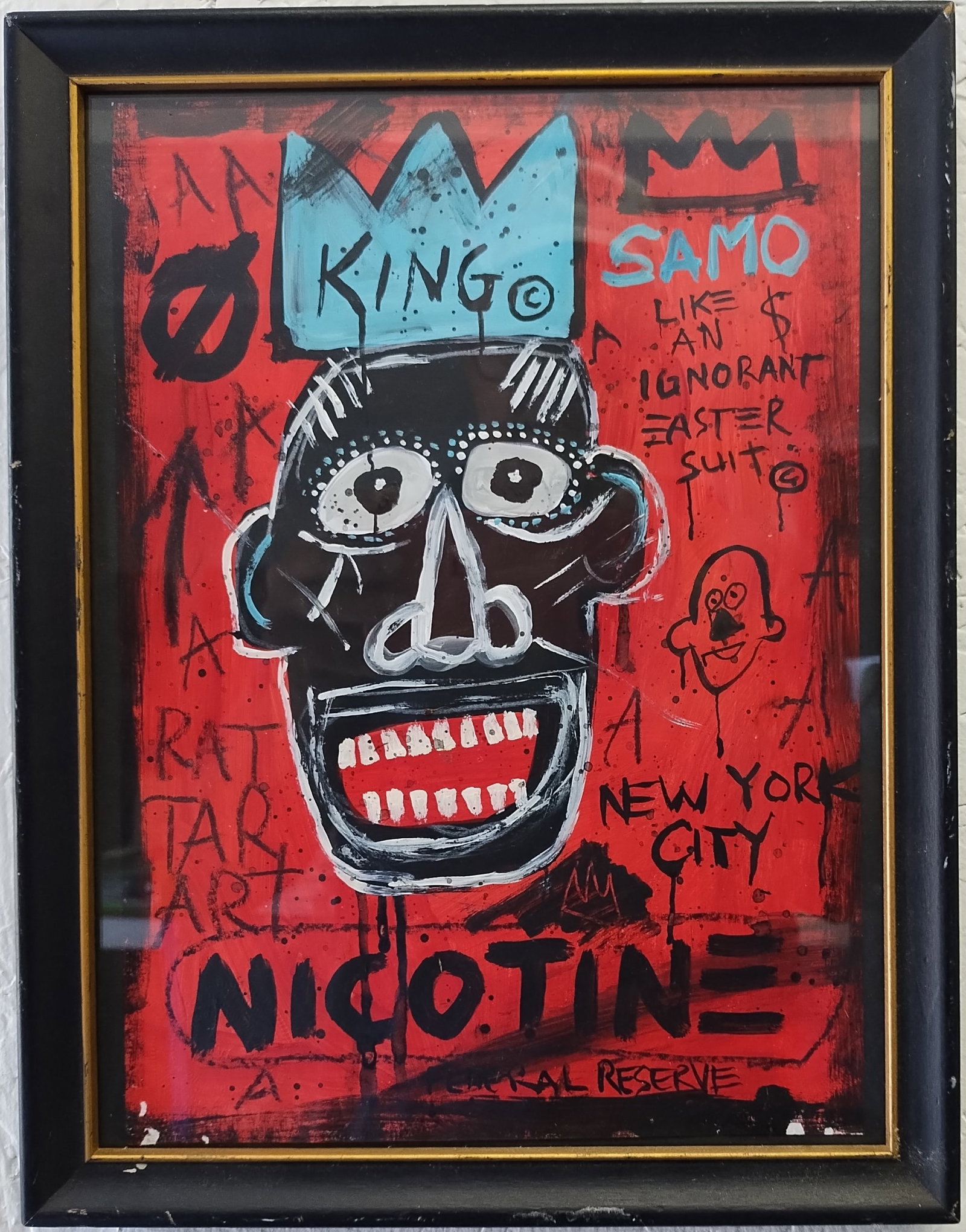 Jean Michel Basquiat Painting - SAMO HEAD CROWN: This work of art, was created using a combination of mixed media on paper, Illustrates head surrounded by symbols and words used by Basquiat. With measurements of: Approx Painting Size: 12 X 9 Inches 