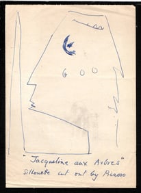 1962 Pablo Picasso's Ink on Paper Painting Drawing.Silhouette Cutout of Jacqueline at the Arbres.