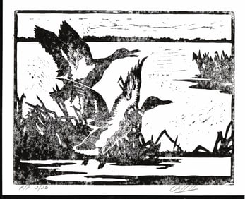 Signed Lino Cut Ink on Paper Painting.