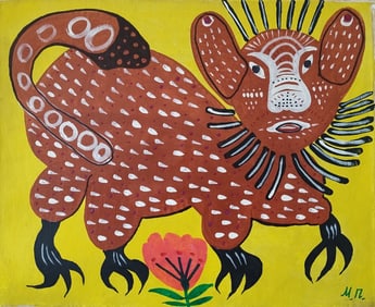 (MP) Maria Prymachenko Signed, Ukrainian 20th Century Modern Folk Art Painting on Canvas