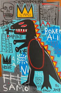 Rare Huge “T-Rex” 1983 Fits Basquiat Vintage Painting 36 x 24 in: Rare Huge Vintage 1983 Fits Basquiat “T-Rex” Painting. King Samo - Jean Michel Basquiat Large Painting Fits Basquiat 1982 Title : “King Dino ”Size : 36 by 24 inches. Large Expressionis