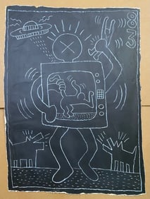 Keith Haring -Art IN Transit- NYC Subway Chalk drawing on Black paper