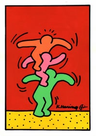 Signed K. Haring Mixed Media on Paper. 3 Guy , Embossed Stamp