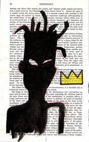 Basquiat Self Portait Crown NYC. Mixed Media on Gray's Anatomy Book Leaf.Embossed Stamp