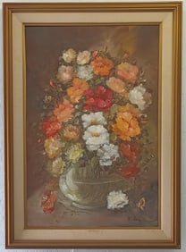 Vintage Bouquet of Flower Framed Painting on Canvas Signed.