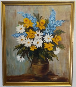 M.Conte Vintage Bouquet of Flower Framed Painting on Canvas