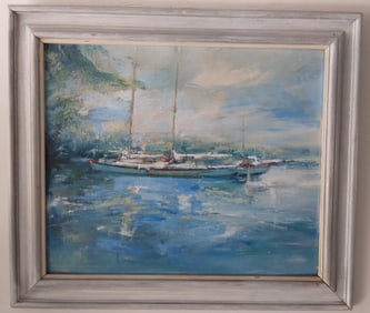 Vintage CT 1976 Regionalism Oil Painting Fishing Boat. Painting on Masonite