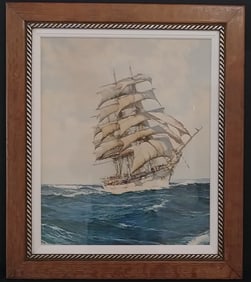 Vintage Sail Boat Print. Period Frame and Glass. Under