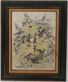 VINTAGE SINNED TEXTURE FLOWER OIL PAINTING FRAMED.