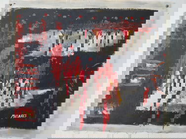 Signed Millares 1961 Madrid Abstract Painting on Canvas