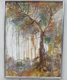 Vintage Signed Abstract Texture Forest Painting On Canvas Framed