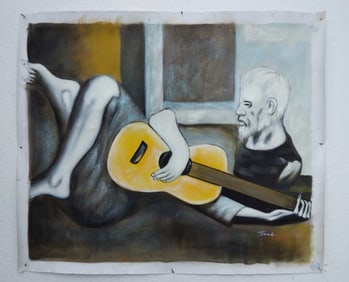 Old Man with a Guitar Oil Painting on Canvas