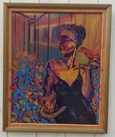 Rare Vintage Girl-Snake-Bird Signed Oil Painting.