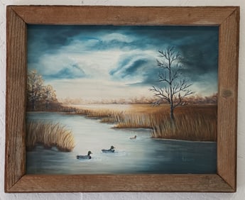 J. Wilcox Oil Painting, Ducks in Ponds. Painting on Canvas.