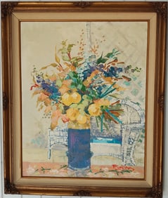 Large Original Oil Painting On Canvas Framed Signed Bouquet of Flower.