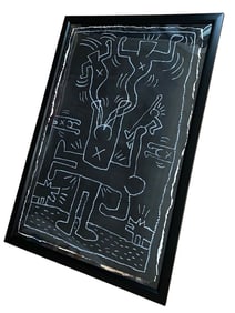 Large RARE Keith Haring NYC Subway 1980’s Large Chalk Drawing on Black Paper, Framed