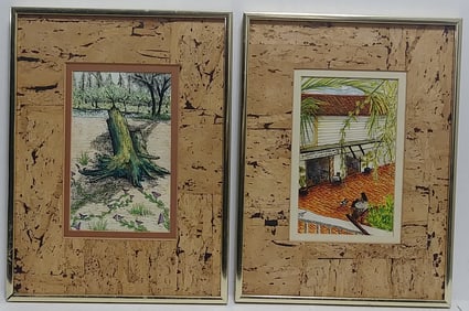 Lot of 2 1974 R.Diaz Signed Ink-Watercolor Painting