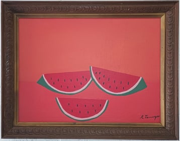 Signed R. Tamayo Painting on Carboard, Watermelon