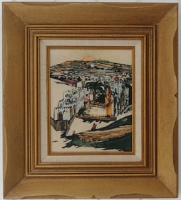 Vintage Framed Etching Enamel Painting S Raskin Plaque