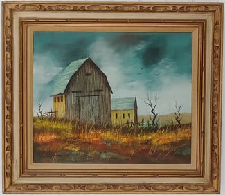 EVERETT WOODSON VINTAGE SINNED BARN OIL PAINTING FRAME