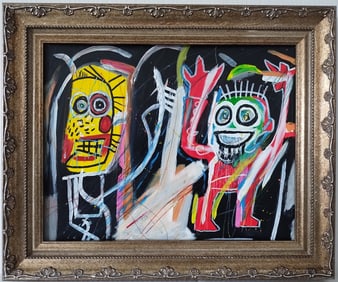 Jean-Michel Basquiat Painting - Dos Cabezas - Framed Stamped on Reverse