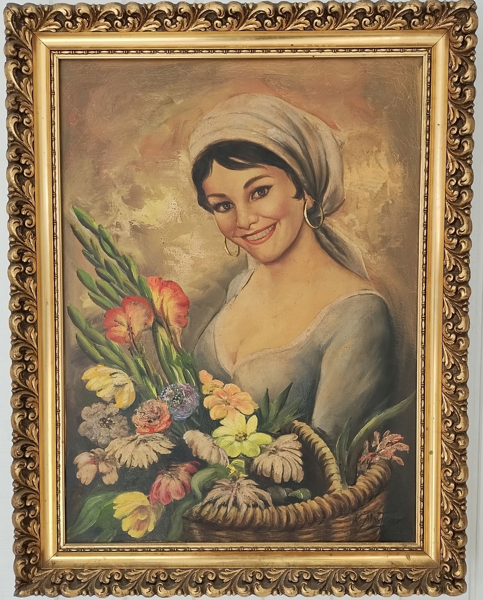 Late 18 Century European Oil Painting on Canvas of Maiden Portrait Holding Flowers.Ornate Gilt Frame