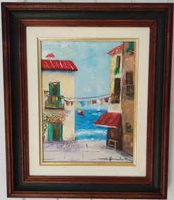 Mediterranean Seaside Village Oil Painting On Canvas Framed Signed
