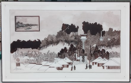 LIPSONE Mid Century Modern Painting Japanese Village.