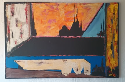 XXL Signed Abstract Expressionism Composition Painting On Canvas