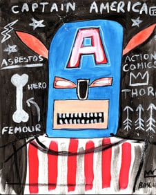 Signed Jean-Michel Basquiat Drawing Painting -CAPTAIN AMERICA- . Stamped on Reverse.
