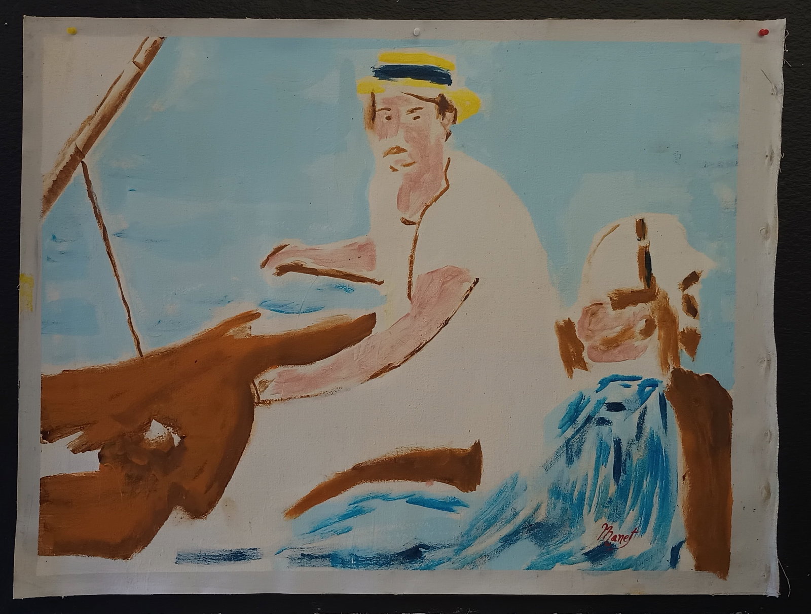 Signed Manet Abstract Painting On Canvas (Boating): Signed Manet Abstract Painting On Canvas (Boating). Approx Painting: 36 1/2 x 28 inches. Extra thick canvas. See Photos as part of the description. Good vintage condition . We pack & Ship for you. We 