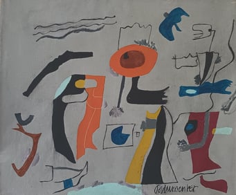 Vintage Abstract Painting On Canvas Signed Willi Baumeister , Modern Art 20th Century.