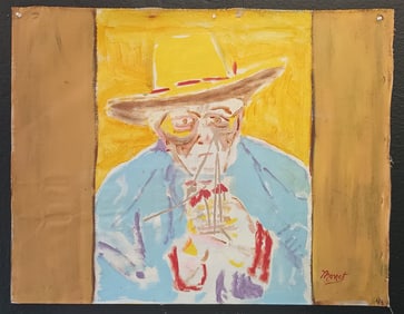 Signed Manet Abstract Painting On Canvas (Man w/ Hat)