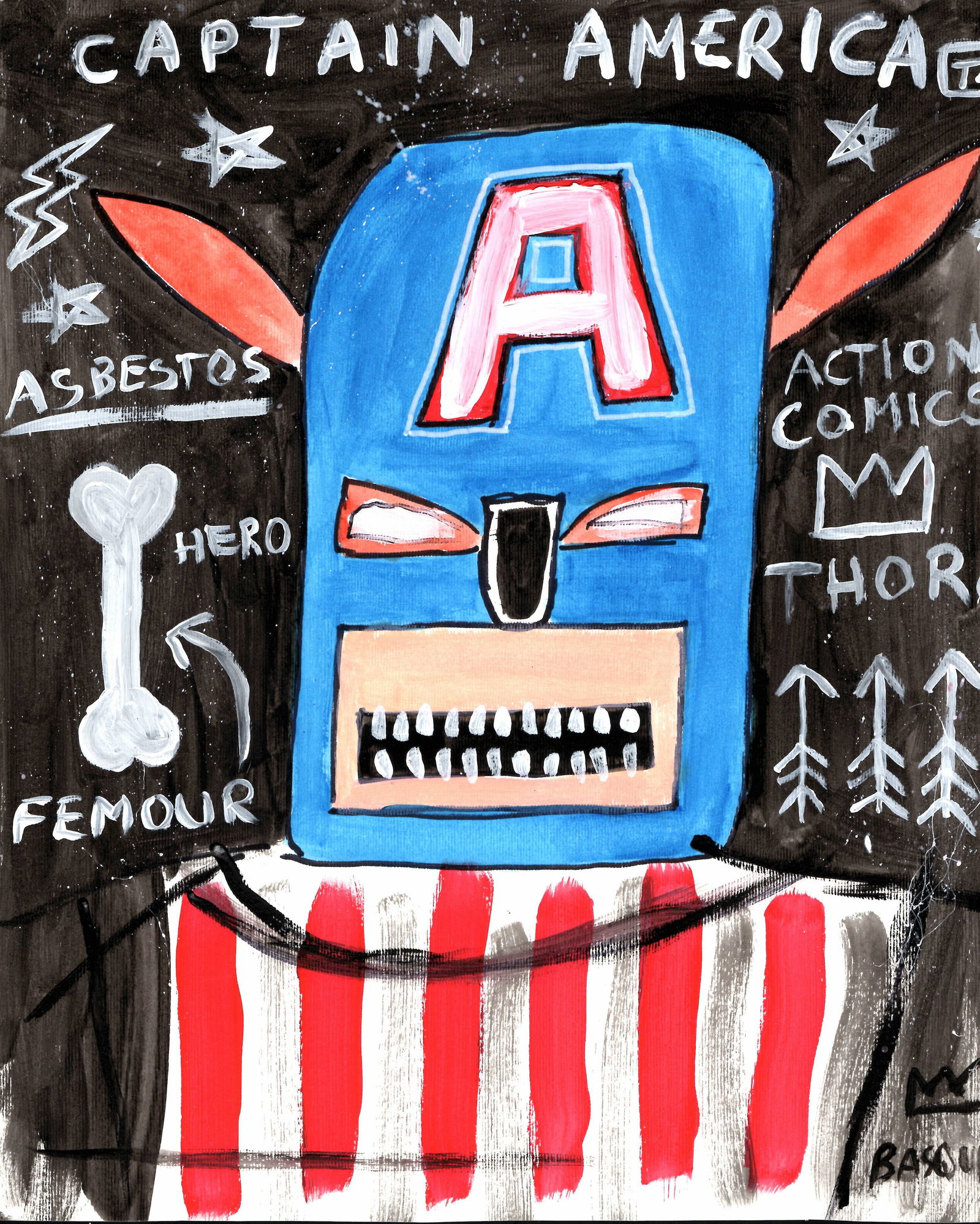 Signed Jean-Michel Basquiat Drawing Painting -CAPTAIN AMERICA- . Stamped on Reverse. (1 of 2)