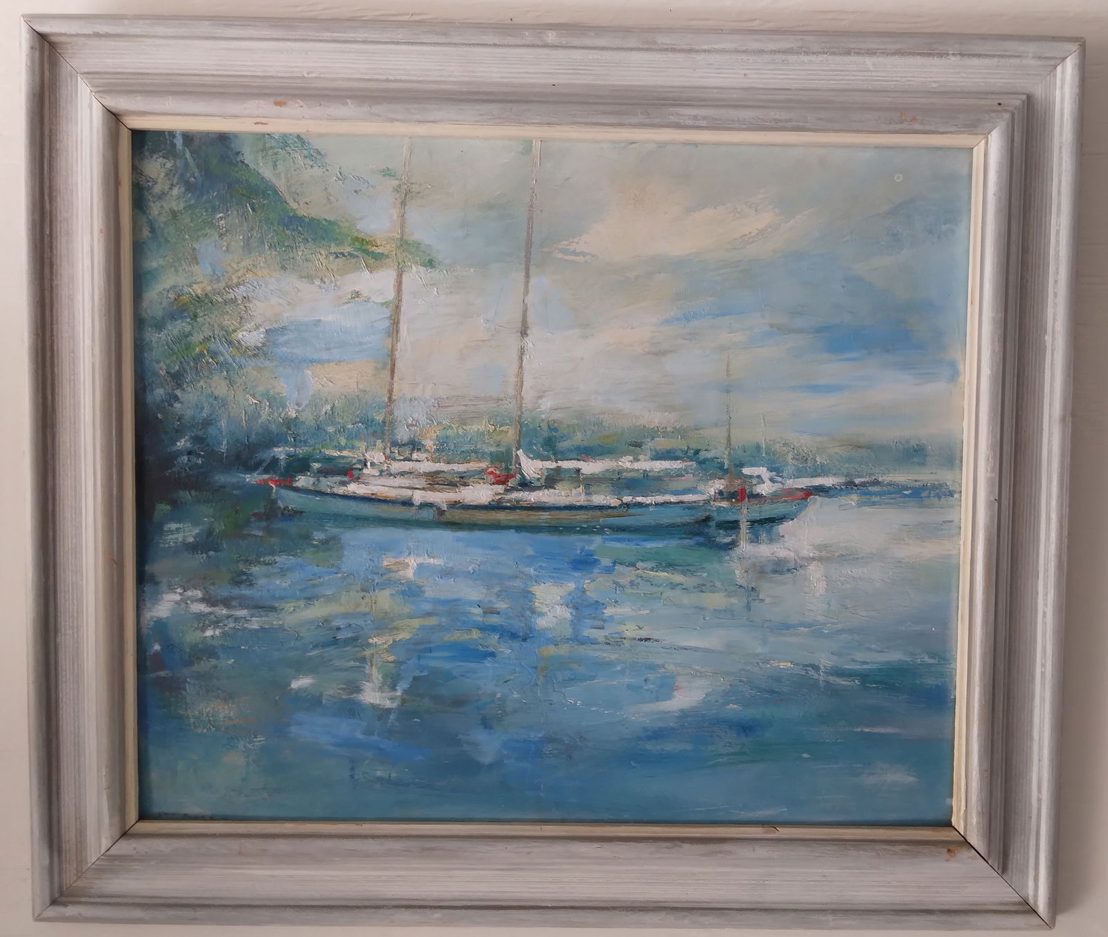 Vintage CT 1976 Regionalism Oil Painting Fishing Boat. Painting on Masonite: Vintage CT 1976 Regionalism Oil Painting Fishing Boat. Painting on Masonite - Approx Painting Size: 24 x 20 Inches - Approx Frame Size: 30 x 24 x 2 Inches. Good condition. See photos.We pack & Ship fo