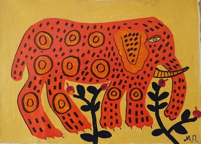 (MP) Maria Prymachenko Signed, Ukrainian 20th Century Modern Folk Art Painting on Canvas
