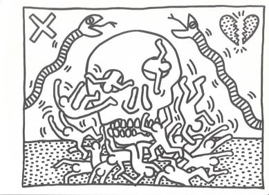 Keith Haring 98 Fine Art Print. Ink on Paper. Radiant Baby Stickers on Reverse