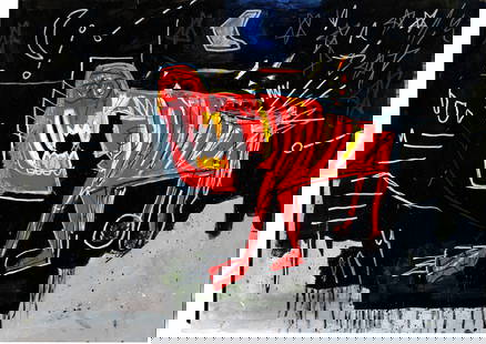 Jean Michel Basquiat Expressionism Large Painting Drawing: Jean Michel Basquiat Expressionism Large Painting Drawingon Paper. Size: 11 3/4 x 16 1/2 In. Provenance: W.N York consignor Private collection. it is being sold in the manner or style of the artist Ac