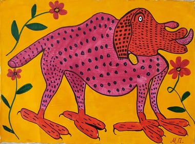 (MP) Maria Prymachenko Signed, Ukrainian 20th Century Modern Folk Art Painting on Canvas