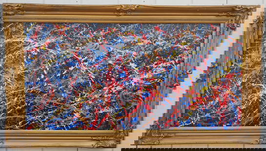 Jackson Pollock Abstract Art Painting on Cardboard (After): Jackson Pollock Abstract Art Painting on Cardboard (After). Approx Painting Size:: 48 x 24 inches.-- Approx Frame Size: 54 x 30 1/2 inches. Any condition statement is given as a courtesy to a client,