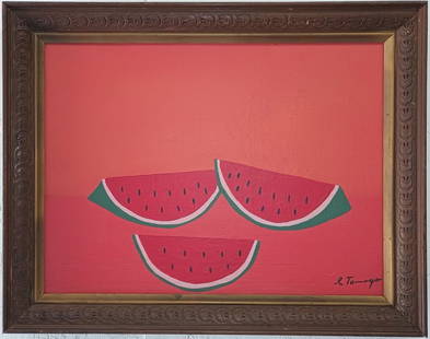 Signed R. Tamayo Painting on Carboard, Watermelon: Signed R. Tamayo Painting on Cardboard, Sandias Figure.Mixed Medium on Carboard. Painting Size: 20 x 15 inches. Frame Size: 23 x 18 x 2 inches.Good vintage condition. SEE PHOTOS as part of the descrip