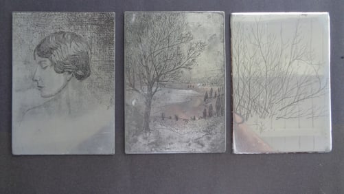 Set of Three Antique 1928 Illustrations Etched Into Metal Drypoint or Etched