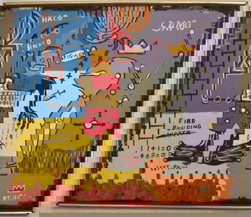 J-M B Painting NYC Halo SAMO 84 Framed.: J-M-B Painting NYC Halo SAMO 84 Framed. Painting Size: 31 x 27 inches. Frame Size: 32 x 28 x 2 inches, This is hand painted Mixed Medium on Cardboard. Framed condition - Frame may have scratches and m