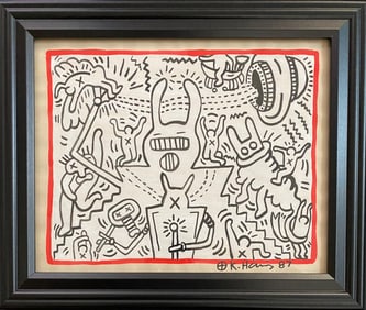 Keith Haring 87 Drawing on Vintage Unique Paper SIGNED NYC